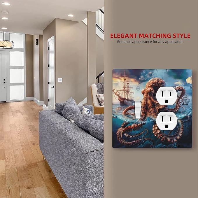 Outlet Covers Deep Ocean Octopus Sailboat Sea Monster 2 Gang Decorative Switch Plates 1 Toggle Duplex Combo Light Switch Cover GFCI Socket Cover WallPlates for Bathroom Bedroom Decor