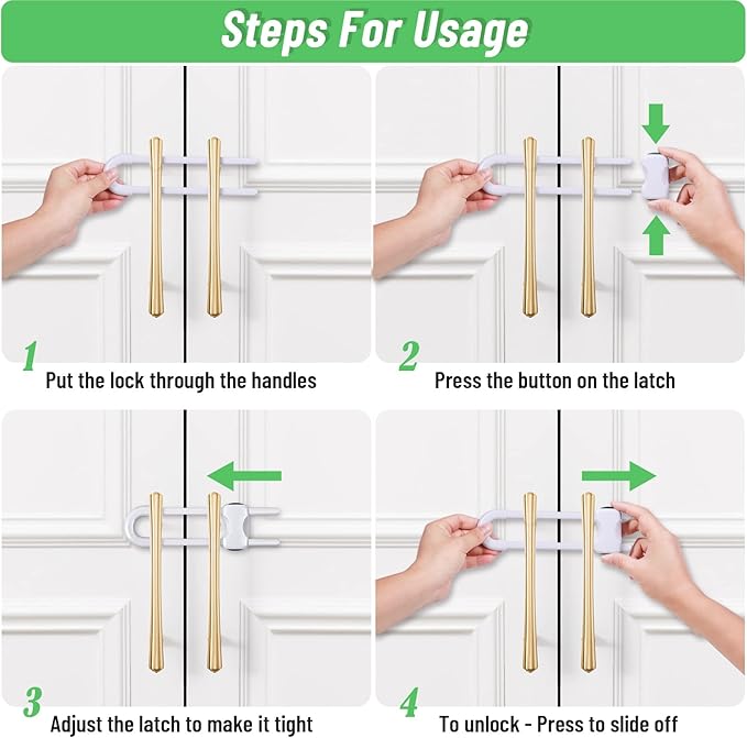 6 Packs Sliding Cabinet Locks, Modacraft Baby Proofing U-Shaped Child Safety Latches Adjustable White Locks for Handles Knobs Drawers Closet Cupboard