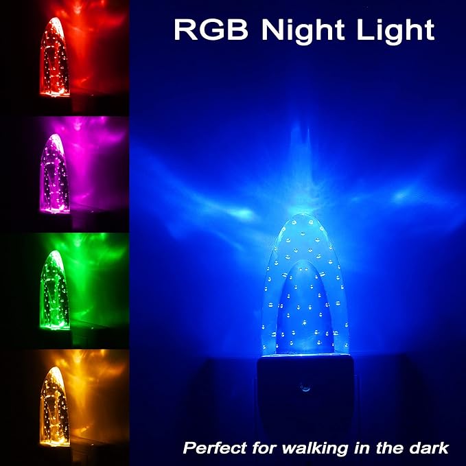 GREENIC Multicolor LED Night Light 4 Pack Bubble Pattern with Dusk to Dawn Sensor, Rotating 8 Colors, Plug in Night Light for Bedroom, Kids Room, Bathroom
