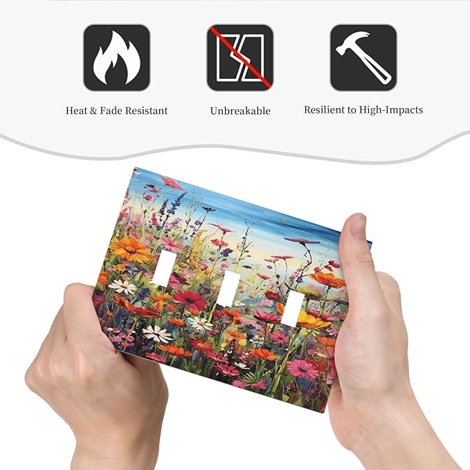 Colorful Wildflowers Painting Floral Flower Decorative Switch Plates 3 Gang Wall Plate Triple Toggle Light Switch Cover Faceplate Electrical Wall Panels for Bedroom Living Room Decor