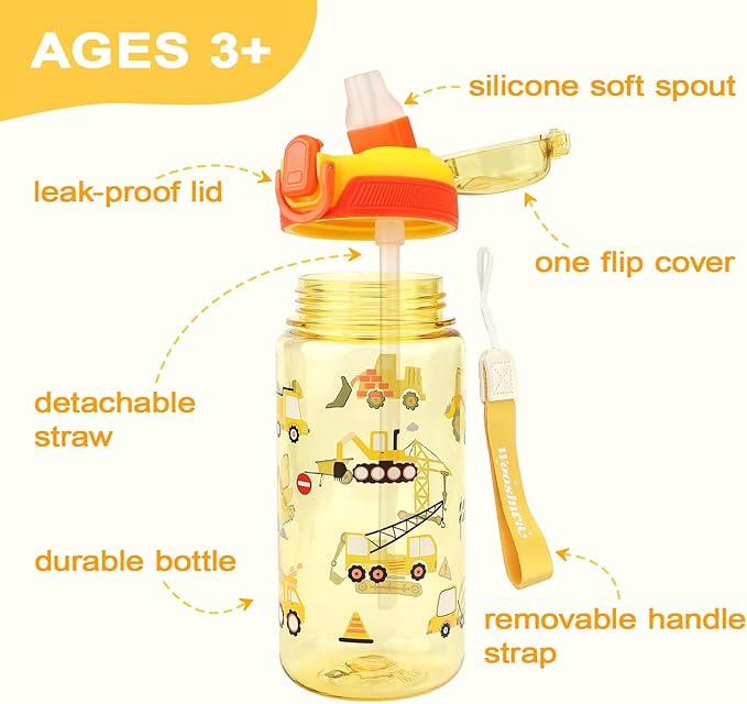 Kids Water Bottle for School or Travel, 20 Oz 2 Pack Durable Plastic Water Bottle with Silicone Straw and Pop-Up Spout Cover, BPA Free & Dishwasher Safe(Excavator & Dinosaur)