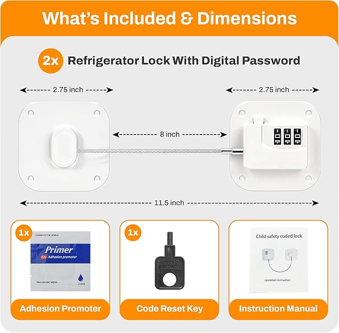 Fridge Lock,2 PCS Refrigerator Lock for Freezer,Cabinets and Drawers,Air Fryer,Doors,Combination Code,Heavy Duty with Adhesive Backing,Easy Install,No Keys Needed White