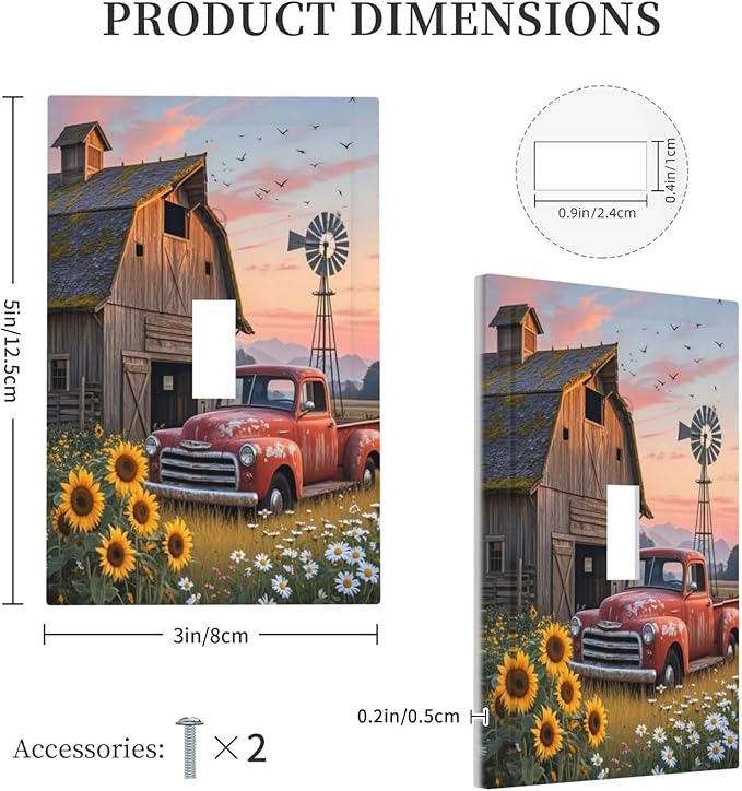 Rustic Barn Red Truck Windmill Sunflower Decorative Light Switch Cover 1 Gang Single Toggle Device Electrical Faceplate Switchplates Decorator Outlet Wall Plate for Farmhouse Home Decor