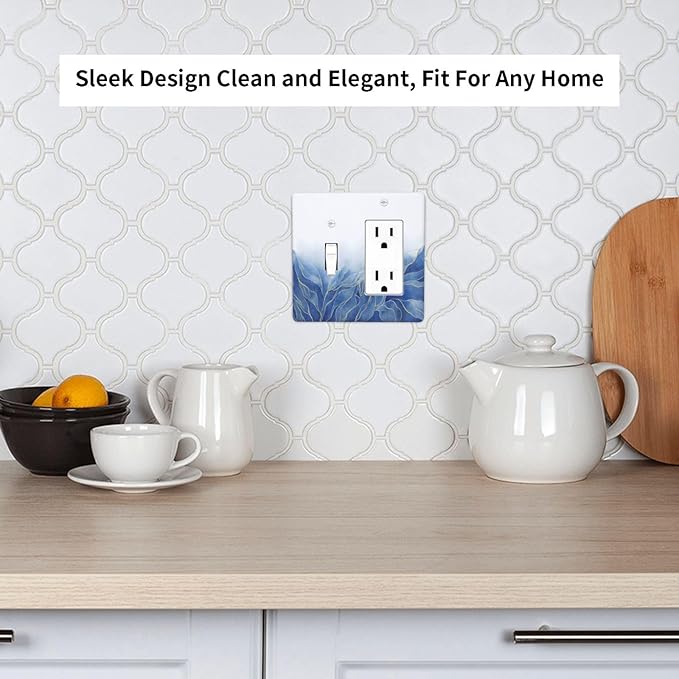 Outlet Covers Blue Gold Leaf Marble Modern Abstract 2 Gang Combo Light Switch Cover Plate Toggle Rocker Wallplates Decorative Switch Plates and Outlet Covers for Kitchen Bathroom Decor