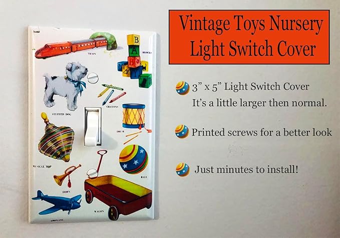 Boys Room Light Switch Cover Plate Kids Decorative Nursery Teen Toddler Room Decor Bedroom Bathroom Playroom (Vintage Toy)