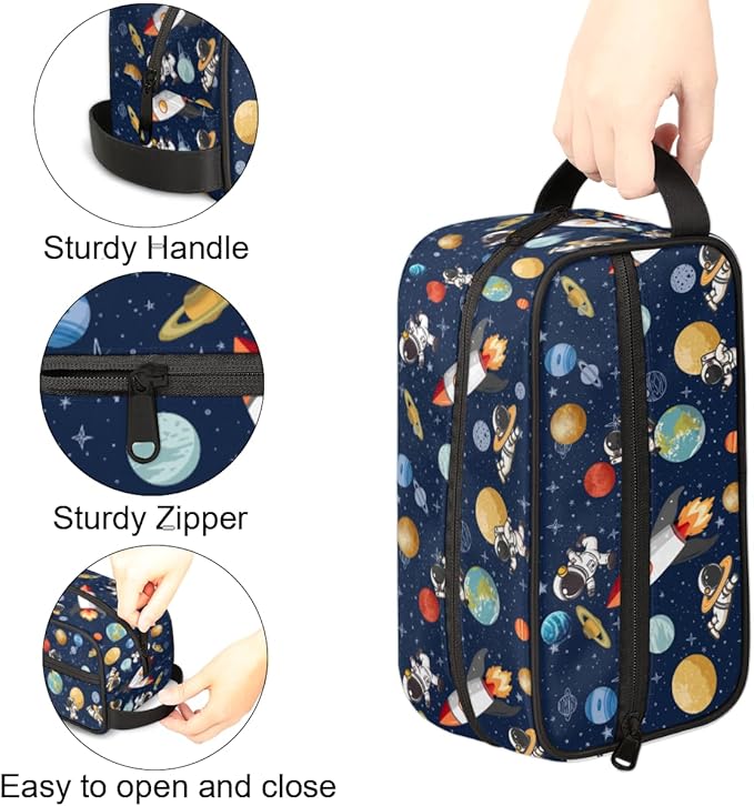 Kids Toiletry Bag for Boys Girls, Space Theme Travel Toiletry Bag Hanging Dopp Kit Cosmetic Bag Makeup Bag Shower Shaving Bag for Toiletries Accessories