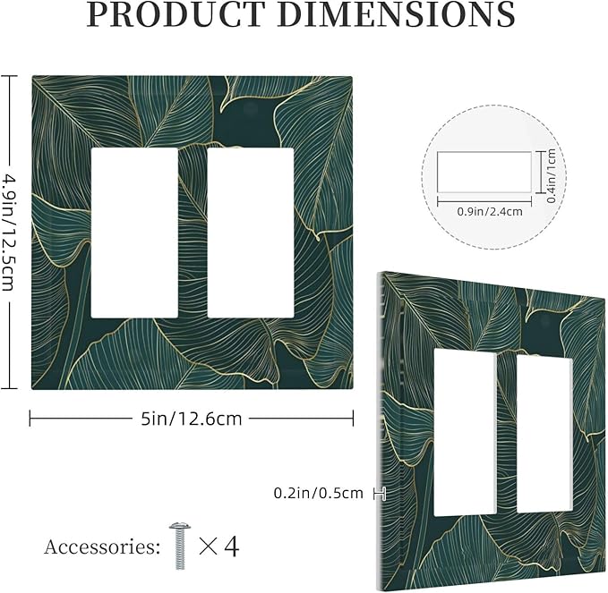 Gold Tropical Green Botanical Palm Leaves Decorative Outlet Covers 2 Gang Double GFCI Rocker Electrical Wall Panels Light Switch Cover Plate for Bedroom Living Room Decor