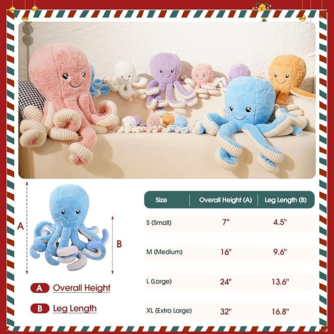 DENTRUN Octopus Stuffed Animals, Giant Octopus Plush Doll Play Toys for Kids Girls Boys Adults Birthday Xmas Halloween Present Stuffed Sea Animals Plushie, 7/16/24/32 Inches, 5 Colors