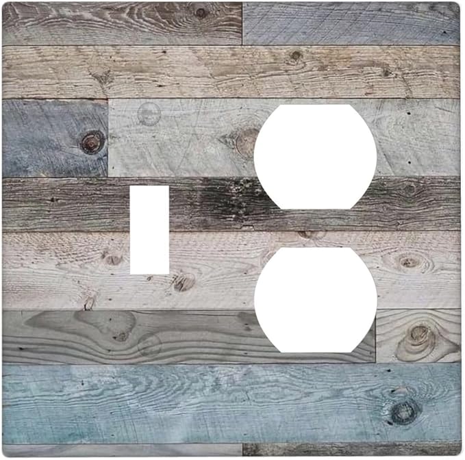 2-Gang 1-Toggle 1-Duplex Combination Wall Plate Vintage Rustic Western Kitchen Country Style Teal Blue Wooden Wood Plank Two Combo Double Device Toggle/Outlet Receptacle Light Switch Face Plate Cover