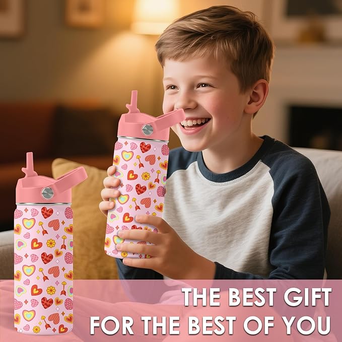 Heart Gifts for Kids - 16 Oz Kids Water Bottle with Straw Lid, Stainless Steel Insulated Tumbler, Leak Proof, BPA-Free, for Girls, School, Travel - Heart Pattern Children Birthday Gifts Cups(1pc)