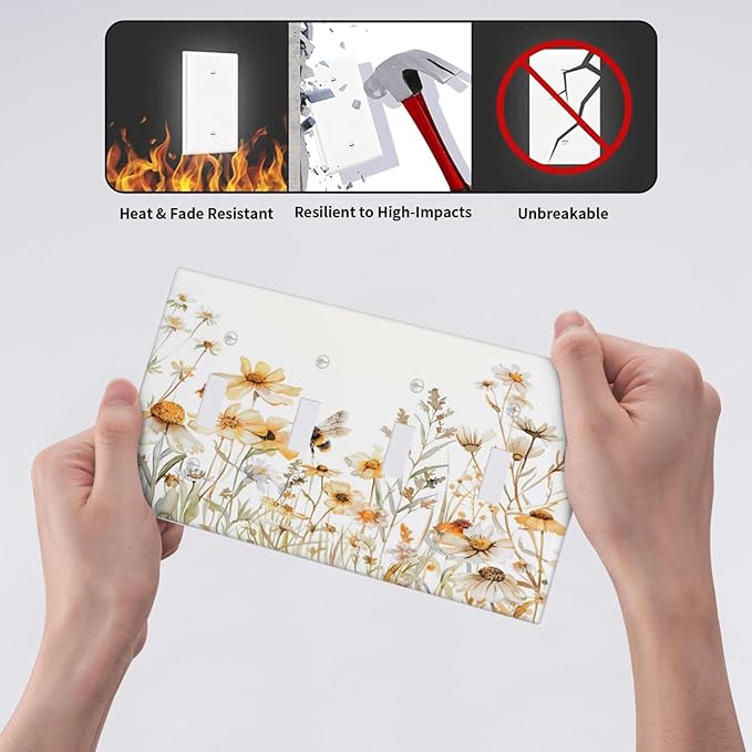 Yellow White Daisy Floral Bee Wild Flower Light Switch Covers Quad Toggle Electrical Faceplate 4 Gang Wall Plate Decorative Switch Plates Cover for Bedroom Living Room Decor
