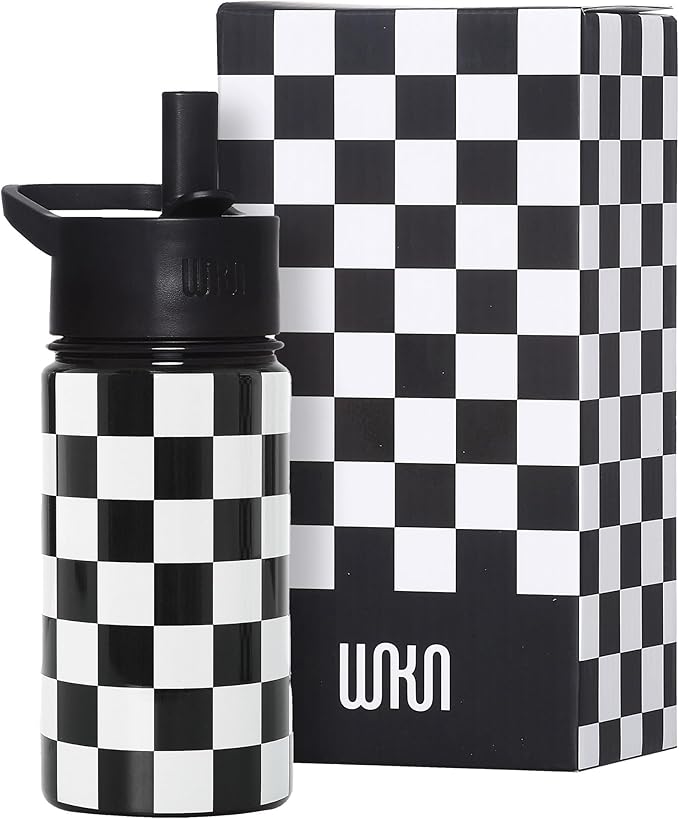 Wildkin Kids 14oz Stainless Steel Water Bottle – BPA-Free, Leakproof, Insulated, Easy-Clean - Black and White Checkered