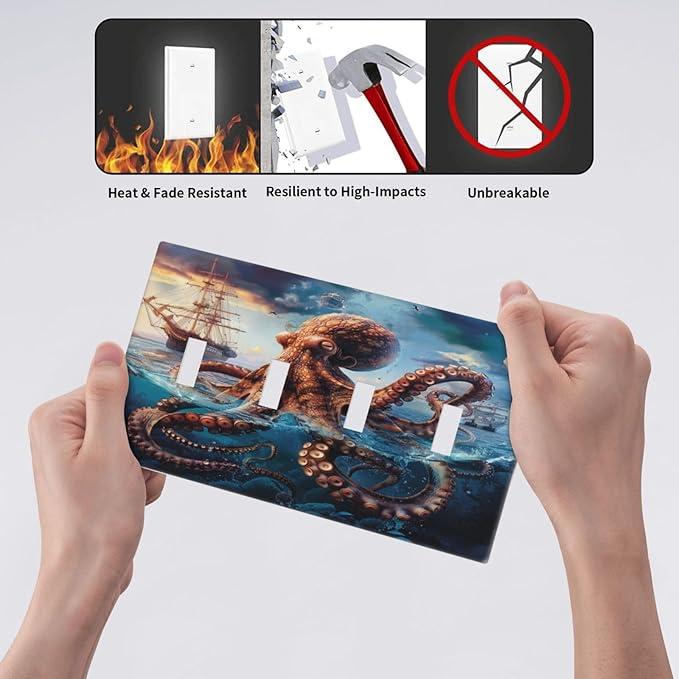 Light Switch Cover Plate Deep Ocean Octopus Sailboat Sea Monster 4 Gang Quad Toggle Decorative Switch Plates Wall Panels Electrical Wall Plates Faceplate for Bathroom Bedroom Decor
