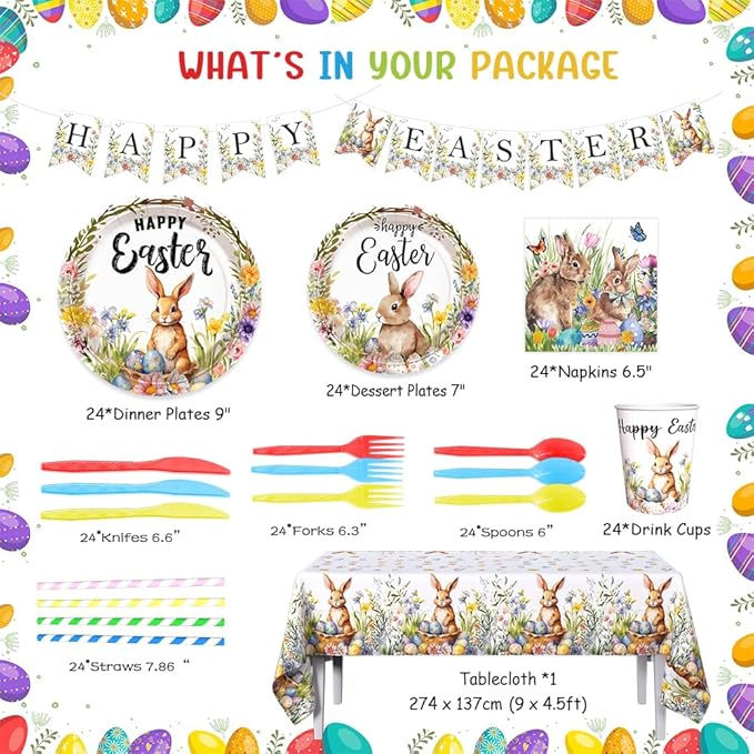 AIBIIN Easter Party Supplies, Happy Easter Party Tableware Set, Happy Easter Banner, Bunny Paper Plates Napkins Cups for Easter Spring Party Decorations