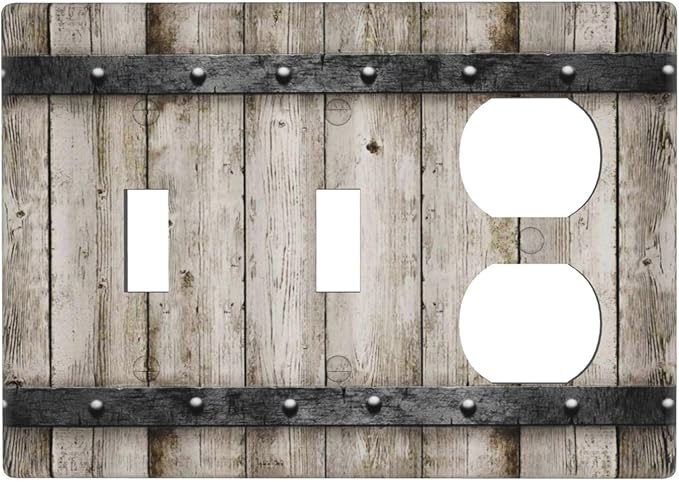 Vintage Retro Western Barn Cabin Door Wood 3-Gang Combination Wall Plate 2 Toggle 1 Duplex Receptacle Outlet Cover Kitchen Country Farmhouse Style Decorative Combo Device Light Switch Faceplate Cover