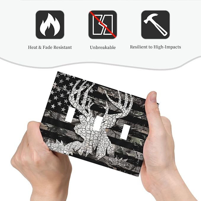 American Flag Forest Antler Deer Elk 3 Gang Light Switch Plate Decorative Triple Toggle Wall Plate Cover Electrical Faceplate for Bathroom Home Living Room Decorate