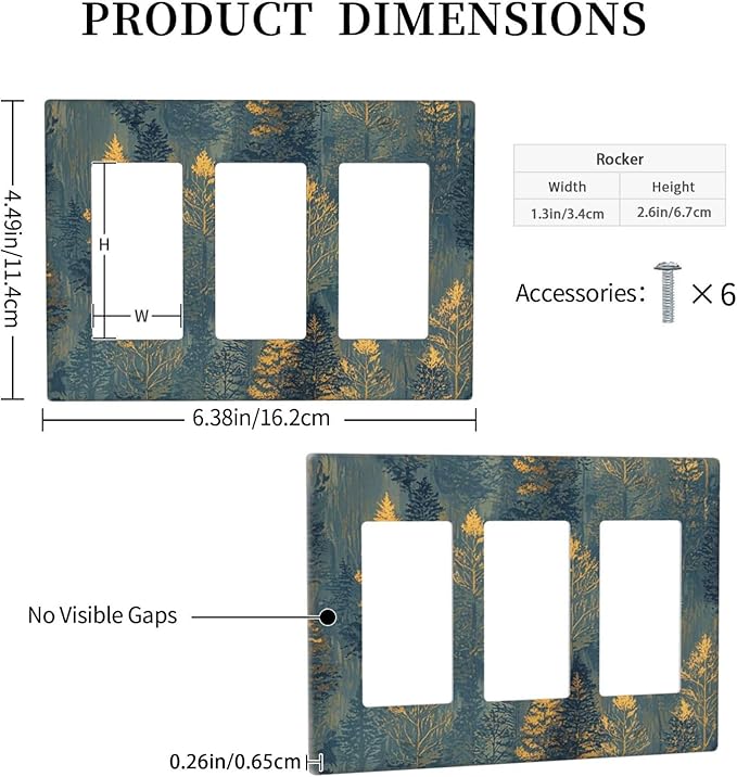 Decorative Light Switch Plate with Golden Trees & Abstract Gradient Forest Landscape Design 3 Gang Outlet Covers Triple Rocker Wall Plate Switch Plate Cover for Blue Retro Home Decor