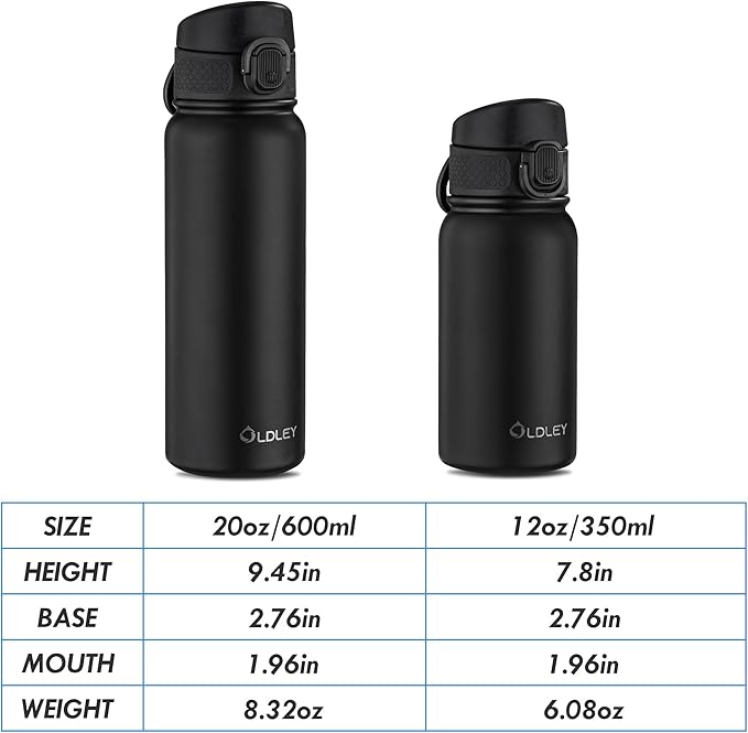 OLDLEY 20 Oz Insulated Stainless Steel Water Bottle For Kids, With Straws Leak-proof, Kids Water Bottles For School Boys Girls, Black