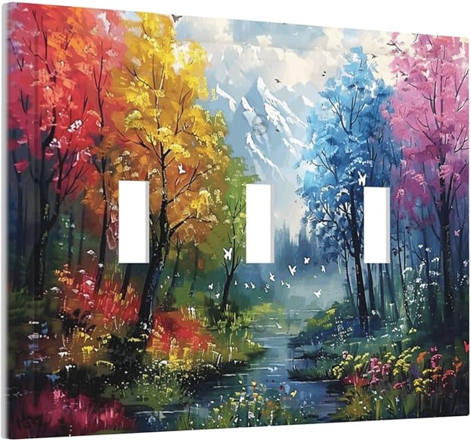 Colorful Forest Snow Mountain River Oil Painting Style Decorative Switch Plates 3 Gang Wall Plate Triple Toggle Light Switch Cover Faceplate Electrical Wall Panels for Bedroom Living Room Decor
