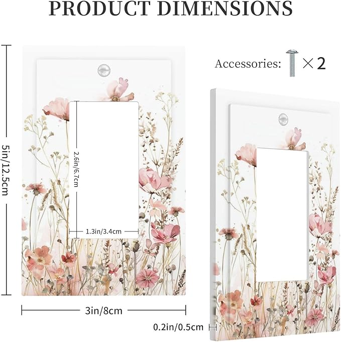 Boho Floral Watercolor Pink Wildflower Butterfly Decorative Outlet Covers 1 Gang Single Rocker Light Switch Cover Plate Wall Plates GFCI Faceplate for Bedroom Living Room Decor