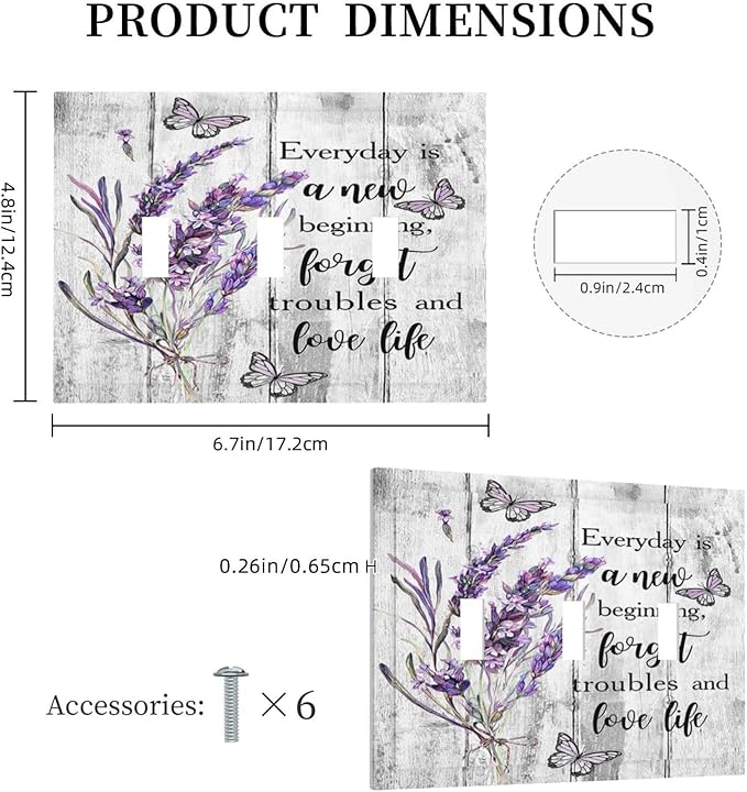 Light Switch Cover Purple Lavender Flower Butterfly on Wood Plank 3 Gang Wall Plate Triple Light Switch Plate Inspirational quotation Floral Toggle Decorative Outlet Covers Electrical Switchplate