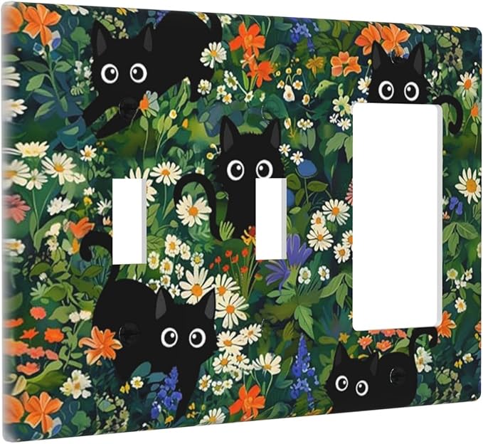 Black Boho Green Leaves Floral 3-Gang 2-Toggle 1-GFCI/Decorator Combination Light Switch Decorative Triple Combo Device Switches/Rocker Outlet Covers and Wall Plate