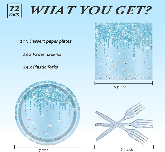 72 Pcs Blue Glitter Paper Plates 7in Disposable Paper Dessert Plates Napkins and Forks Party Tableware Set Decoration Supplies for Baby Shower, Christmas Blue Birthday Wedding Theme Party, Serve 24