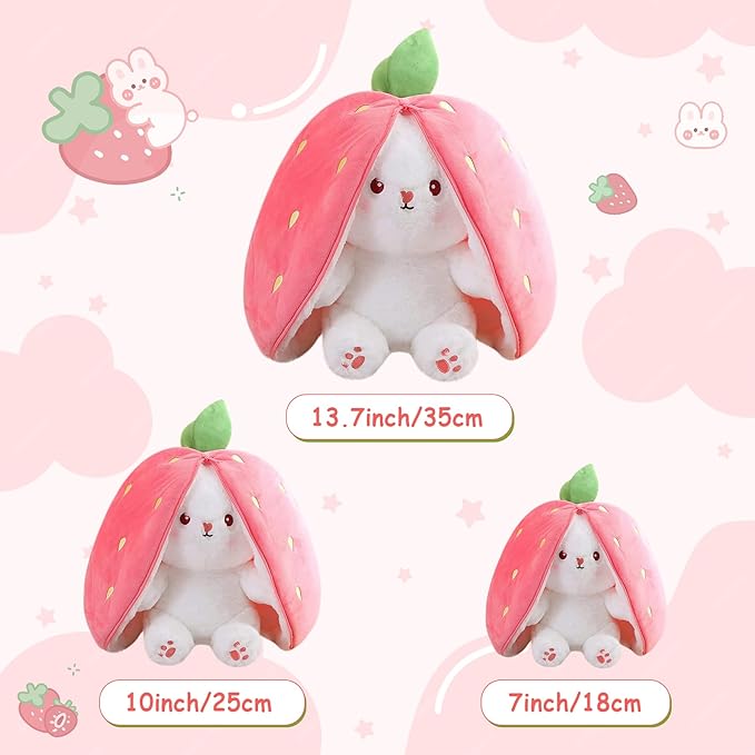 MIAODAM Bunny Stuffed Animal Reversible Cuddle Bunny Stuffed,Strawberry Bunny Transformed Rabbit Plush Zipper,Turns Into Ears Bunnies Plushies Toy Cute Stuffy Doll Easter