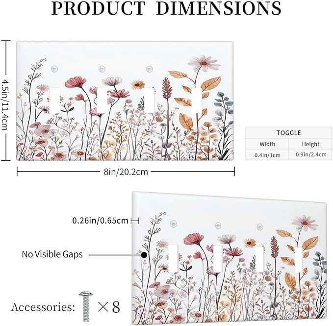 Light Switch Covers Spring Floral Pink Wildflower Leaves Plants Quad Toggle Electrical Faceplate 4 Gang Wall Plate Decorative Switch Plates For Home Bed Room Decor