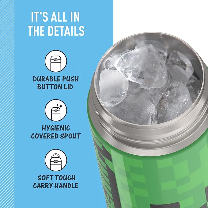THERMOS FUNTAINER 16 Ounce Stainless Steel Vacuum Insulated Bottle with Wide Spout Lid, MINECRAFT