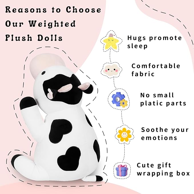 IdeaMeme Cow Weighted Plush, 24" 4.2 lbs Weighted Stuffed Animals, Cute Cow Plush Toy Pillow Gifts for Kids and Adults