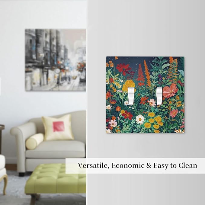 Decorative Switch Plate Cover with Wildflowers & Stars Botanical Floral Art Design 2 Gang Wall Plate Unique Double Toggle Double Light Switch Covers for Garden Theme Wall Decor