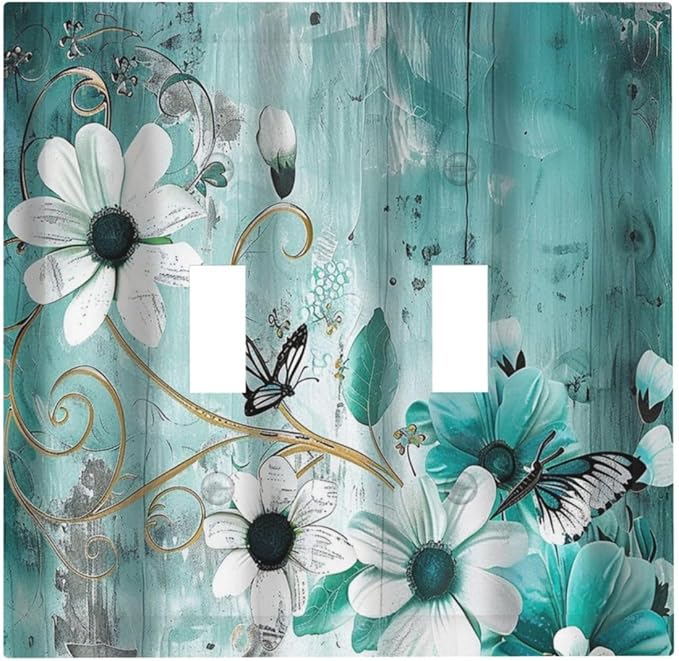Decorative Switch Plate Covers Turquoise Flowers and Butterflies Rustic Teal White Floral 2 Gang Wall Plate Double Toggle Light Switch Cover Plate Electric Dual Device Electrical Faceplate