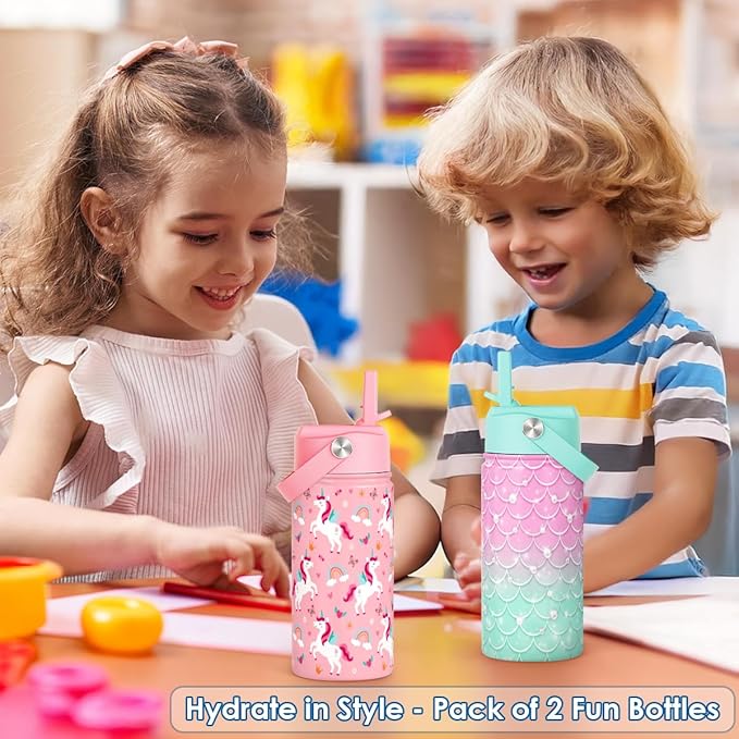 Kid Water Bottle 12oz with Straw Lid - 2-Pack Insulated Stainless Steel Water Bottles for Kids Girls - Travel Cup for Back to School Sports Christmas Birthday (Unicorn & Mermaid Scales)