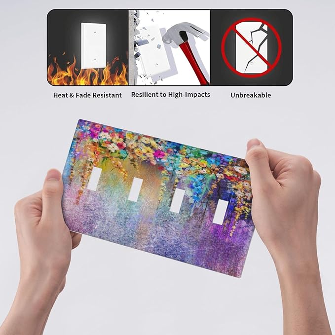 Colorful Floral Watercolor Flower Quad Toggle Light Switch Cover Decorative Purple Garden 4 Gang Wall Plate Electrical Faceplate Switchplate for Farmhouse Bathroom Bedroom Living Room Decor