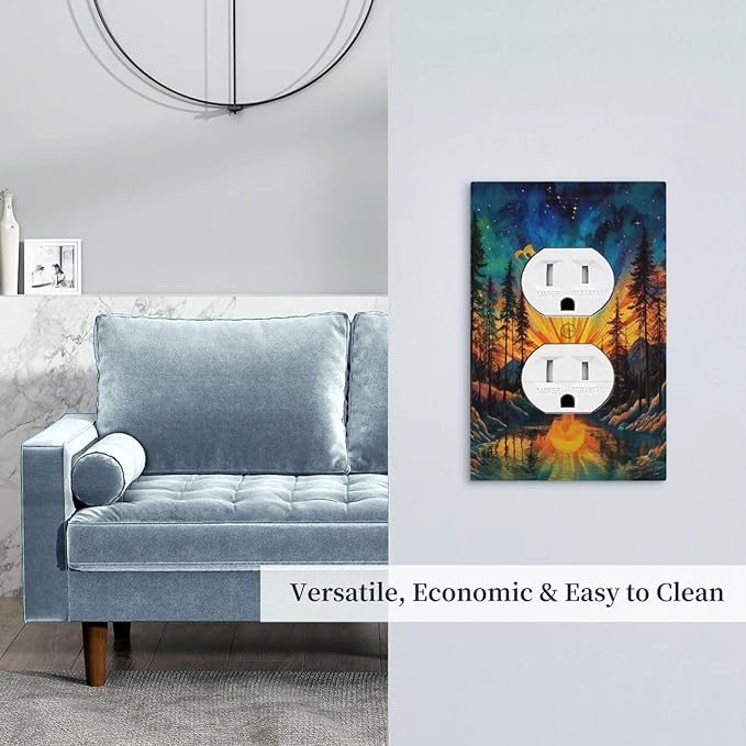 Decorative Outlet Covers Vintage Forest Sun Boho Mountain Starry Sky 1 Gang Duplex Light Switch Cover Plate Electrical Switch plates Wall Plates Receptacle Covers for Bathroom Bedroom Decor