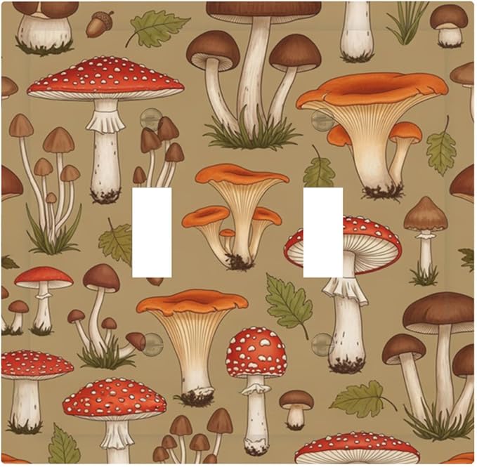 Whimsical Mycology Double Toggle Switch Cover - 2-Gang Standard US Size Vintage Mushroom Light Switch Covers, Woodland Medley for Farmhouse Home Decor