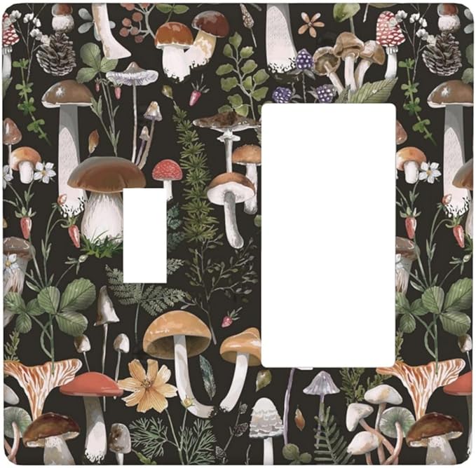 Black Boho Moth Botanic Mushroom 2 Gang Single Toggle/Decorator Combination Light Switch Cover Decorative Combo 1-Toggle/1-GFCI/Rocker Wall Plate Cover
