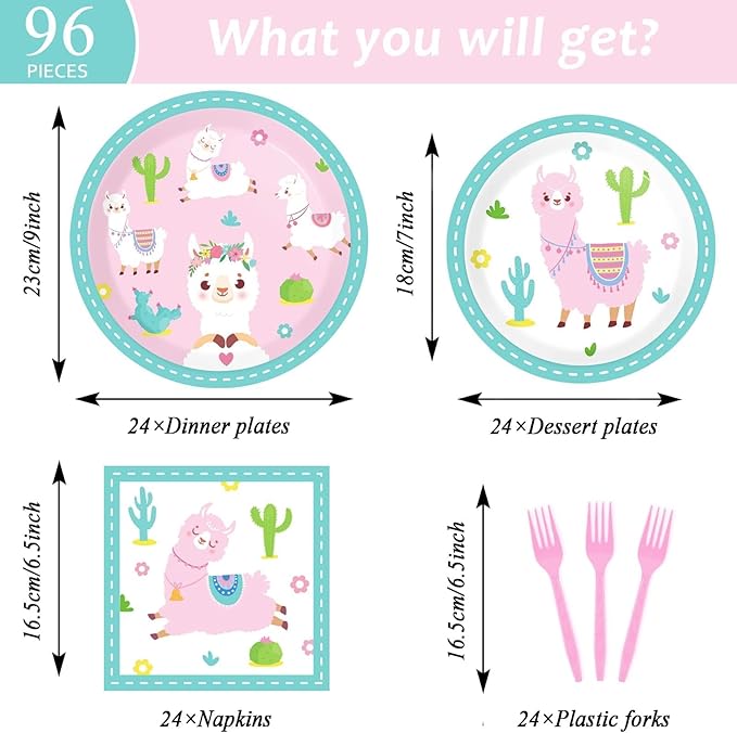 ZOIIWA 96 Pcs Llama Birthday Party Supplies for 24 Guests Alpaca Llama Birthday Plates Napkins Tableware Party Decorations Mexican Cactus Dinnerware Favor for Kids Girls Baby Showers