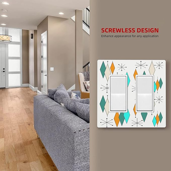 Teal/Blue/Green/Orange Abstract Diamond Atomic Art 2 Gang Double Decorator GFCI/Rocker Wall Plate Modern Mid Century Geometry Electrical Outlet Decorative Receptacle Cover Light Switch for Dimmer, USB