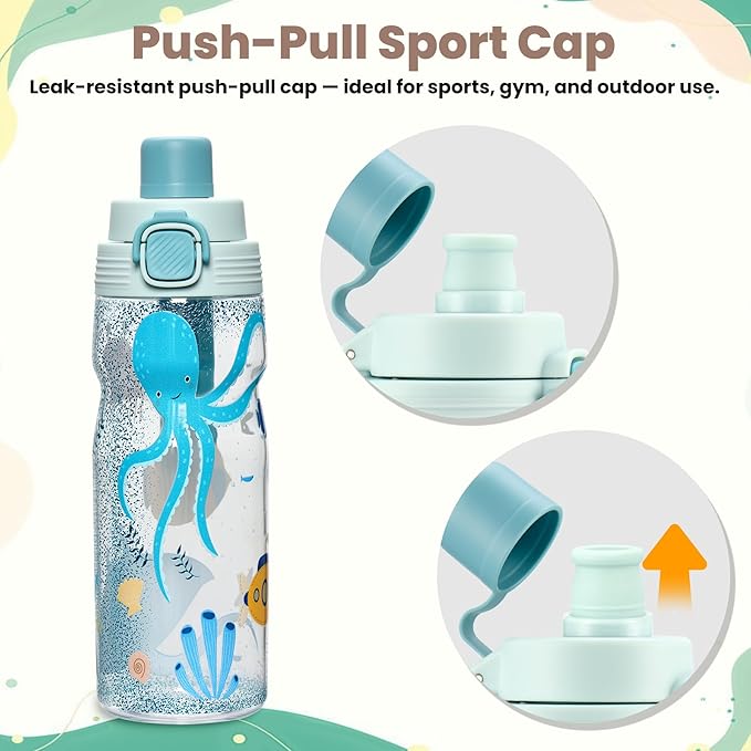 PIQUEBAR Kids insulated Water Bottle 17oz & Sport Water Bottle 24oz Set, Stainless Steel Metal Vacuum Water Bottles, Leakproof Tritan Sport Water Bottles for School Boys Girls,Blue Sea