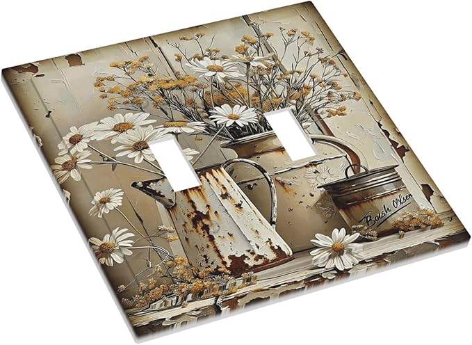 Rustic Flowers Daisy Floral White Wooden Planks Decorative Switch Plates 2 Gang Double Toggle Outlet Light Switch Cover Wall Plate Electrical Faceplate for Farmhouse Home Decor