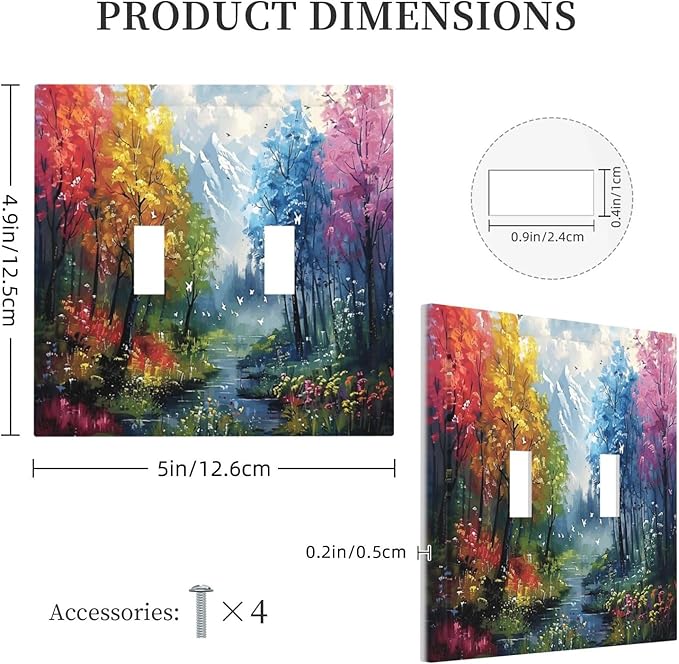 Colorful Forest Snow Mountain River Oil Painting Style Decorative Switch Plates 2 Gang Double Toggle Outlet Light Switch Cover Wall Plate Electrical Faceplate for Bedroom Living Room Decor