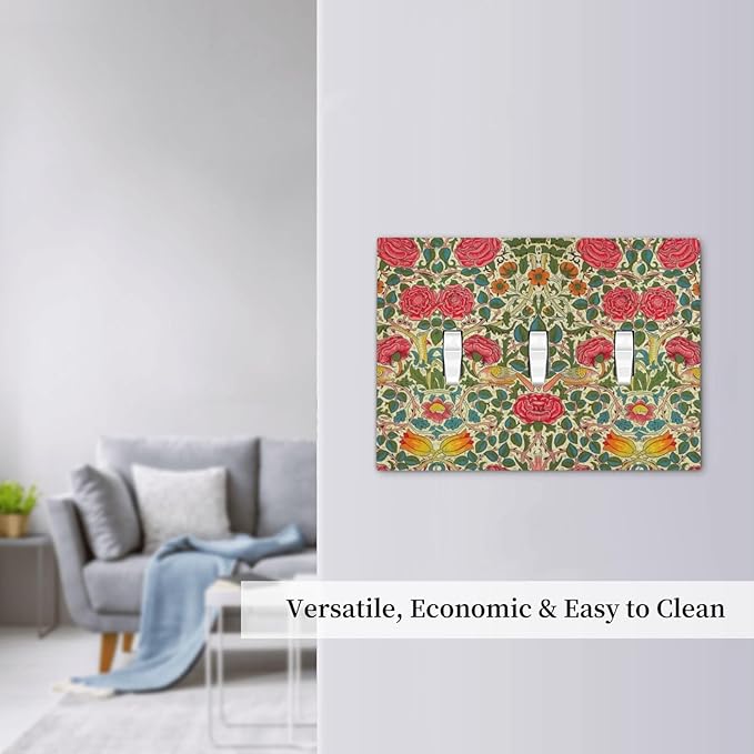 William Morris Roses Floral 3 Gang Light Switch Cover VintageTulip Flower Plant Bird Triple Toggle Wall Plate Decorative Electrical Switchplates for Country Bedroom Living Room Decor