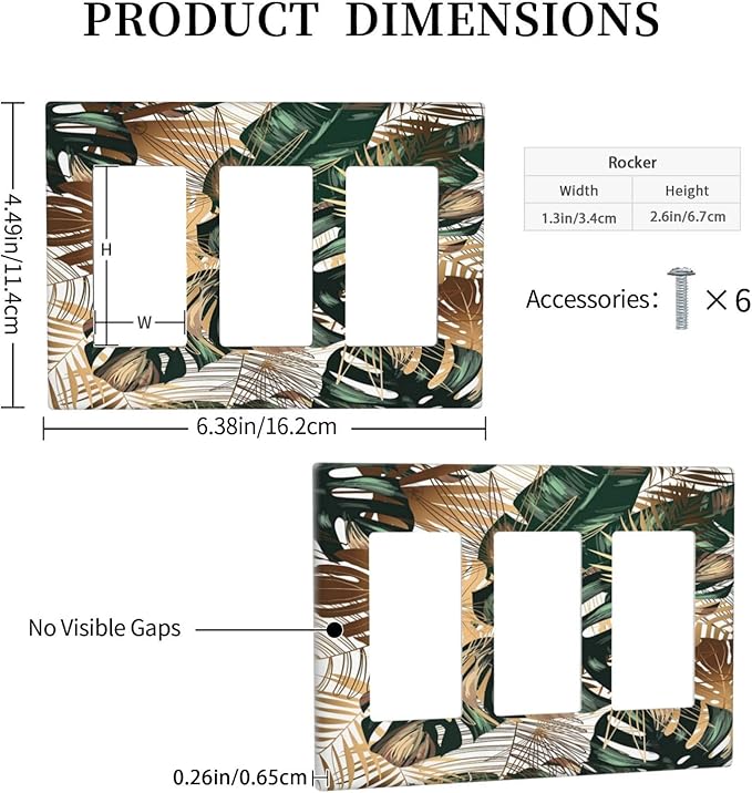 Green Tropical Leaves Gold Palm Leaf Botanical 3 Gang Rocker Light Switch Covers Decorative Unique Triple Outlet Wall Plate Cover Faceplate Decorative Switchplate GFCI for Kitchen Bedroom Bathroom