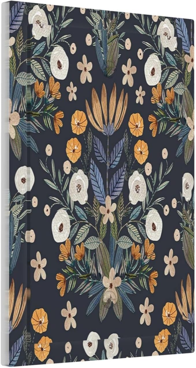 Boho Leaf Floral Navy Blue Background 1 Gang Light Switch Covers No Device Wall Plate Decorative Blank Switchplate Electrical Faceplate for Farmhouse Country Livingroom Bedroom Decor