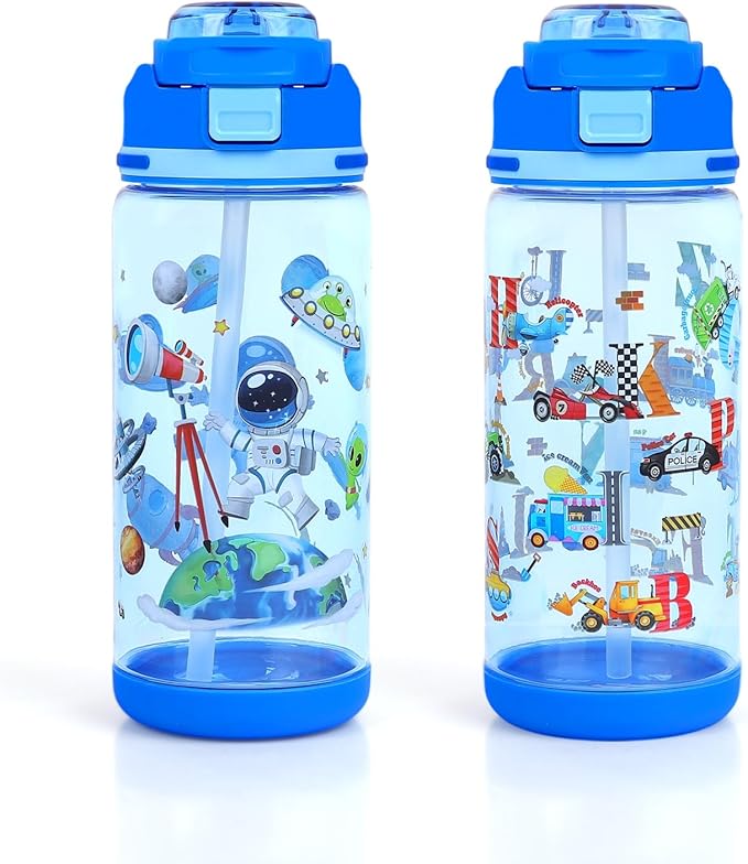decalsweet Kids Water Bottle 20oz Durable Leak-Proof Plastic Water Cup for Kids Toddlers,With Straw Handle and Pop-Up Spout Cover,Safe for School Sports Daycare Travel & Camp Pack of 2