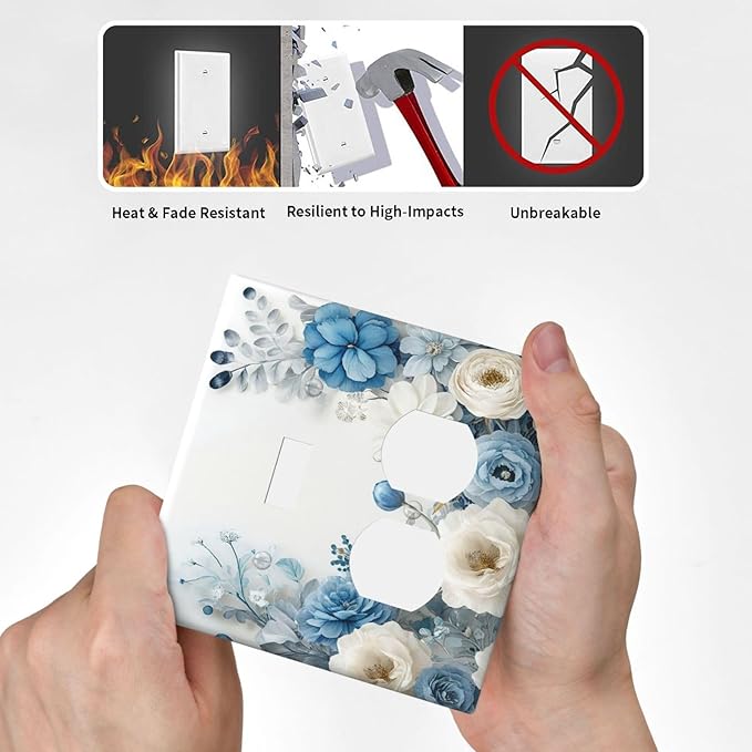 Decorative Outlet Covers Blue Rose White Flowers Rustic Floral 2 Gang Wall Plate Cover Single Toggle Duplex Combo Two Switch Light Switch Cover Plate Dual Electrical Face Plate
