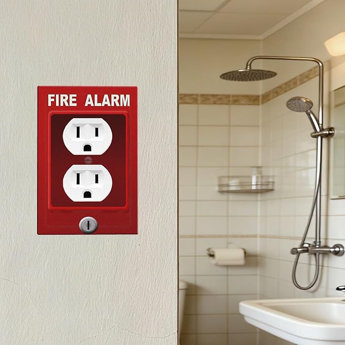 Novelty Fire Alarm Prank Duplex Wall Plate - 1-Gang Standard US Size Fire Station Themed Outlet Covers for Game Room Decor