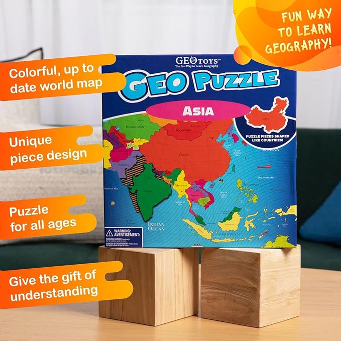 GeoToys GeoPuzzle, Asia Jigsaw Puzzles, 50 Pc Geography Game & Map Puzzle, Educational Games & Kids Learning Activities, Puzzle Gifts for Children Ages 6-9, Fun Learning Toys for Kids